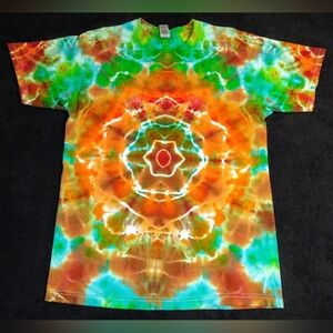 Bright Orange, Green And Blue Mandala Ice Dye Tie Dye T Shirt ~ Sz L